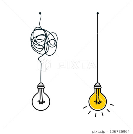Continuous drawing of tangled wires with light bulbs in minimalist scribble style, symbolizing problem solving, creativity and idea generation, perfect for posters, presentations and educational Continuous drawing of tangled wires with light bulbs in minimalist scribble style, symbolizing problem solving, creativity and idea generation, perfect for posters, presentations and educational 136786964