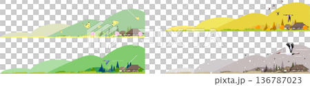 Japanese four seasons landscape banner set: old thatched roof houses and Satoyama spring, summer, autumn and winter nature vector illustration 136787023