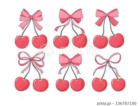 Cherry bow coquette vector set. Retro feminine design with ribbons and cute details. Trendy romantic aesthetic hand-drawn illustration. Trendy romantic aesthetic. Cherry bow coquette vector set. Retro feminine design with ribbons and cute details. Trendy romantic aesthetic hand-drawn illustration. Trendy romantic aesthetic. 136787190