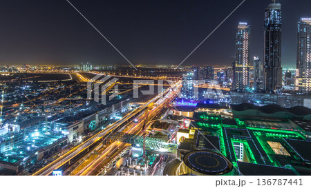 Dubai downtown night timelapse. Top view from above 136787441