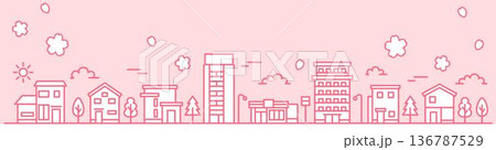 シンプルな線の街並みイラスト 桜 バナーサイズ（背景・ピンク） 136787529