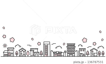 シンプルな線の街並みイラスト 桜 ワイドサイズ 136787531