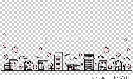 シンプルな線の街並みイラスト 桜 ワイドサイズ 136787531