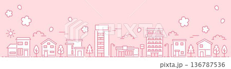 細い線の街並みイラスト 桜 バナーサイズ（背景・ピンク） 136787536