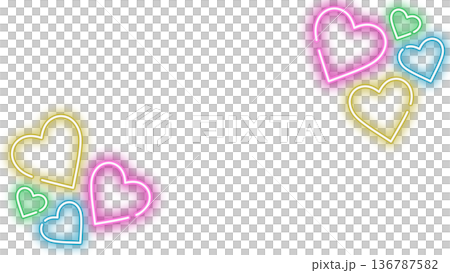 可愛的相框材質，深藍色背景上點綴著色彩繽紛的霓虹愛心。橫向 16:9 比例。非常適合情人節或其他場合。 136787582