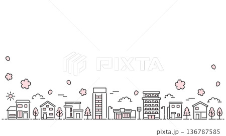 細い線の街並みイラスト 桜 ワイドサイズ 136787585