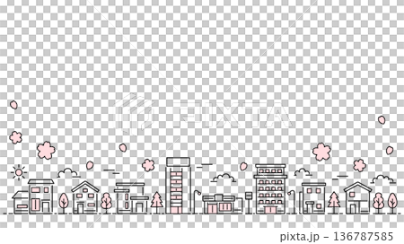 細い線の街並みイラスト 桜 ワイドサイズ 136787585