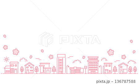 細い線の街並みイラスト 桜 ワイドサイズ ピンク 線 136787588