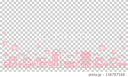 細い線の街並みイラスト 桜 ワイドサイズ ピンク 線 136787588