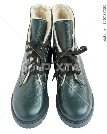 Pair of Green Leather Winter Boots isolated Pair of Green Leather Winter Boots isolated 136787589
