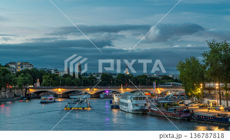 View on the bridge of Jena day to night timelapse, which connects the Champ de Mars gardens and the Trocadero. Paris, France 136787818