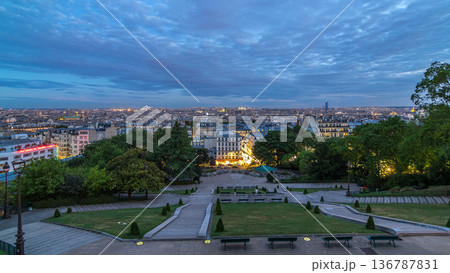 Beautiful Paris cityscape day to night timelapse seen from Montmartre. Paris, France 136787831