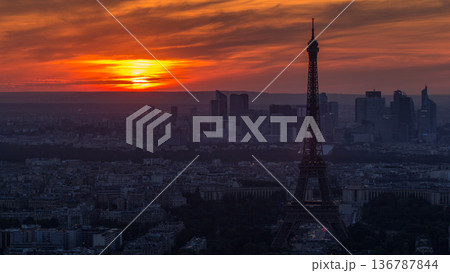 Panorama of Paris at sunset timelapse. Eiffel tower view from montparnasse building in Paris - France 136787844