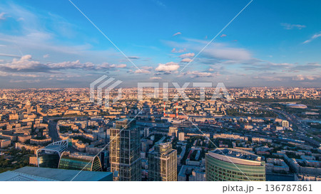 Aerial top view of Moscow city timelapse at sunset. Cityscape from the observation platform 136787861