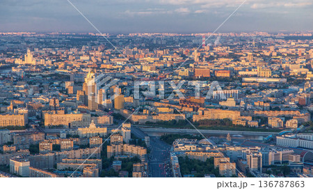 Aerial top view of Moscow city timelapse at sunset. Cityscape from the observation platform Aerial top view of Moscow city timelapse at sunset. Cityscape from the observation platform 136787863