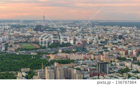 Aerial top view of Moscow city timelapse at sunset. Cityscape from the observation platform 136787864