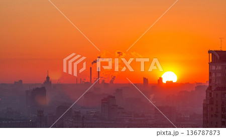 Residential buildings, Stalin skyscrapers and panorama of city at sunrise timelapse in Moscow, Russia 136787873