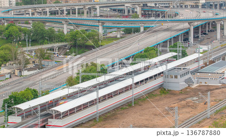 Small Ring of the Moscow Railways timelapse in Moscow, Russia. Shelepikha Station 136787880
