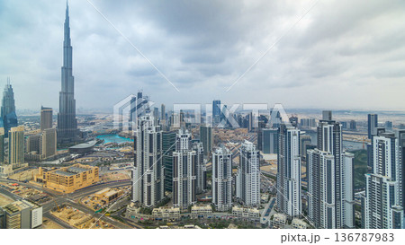 Panoramic skyline of Dubai timelapse, United Arab Emirates. View of world famous skyscrapers. Panoramic skyline of Dubai timelapse, United Arab Emirates. View of world famous skyscrapers. 136787983