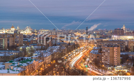 Moscow city Russia skyline aerial panoramic top view day to night timelapse urban winter snow scenery architecture background 136787998