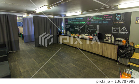 Creative work space in warm light timelapse hyperlapse, meeting room at modern office with kitchen area 136787999