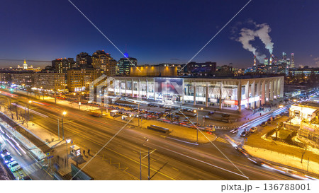 Moscow city Russia skyline aerial panoramic top view night timelapse urban winter snow scenery architecture background 136788001