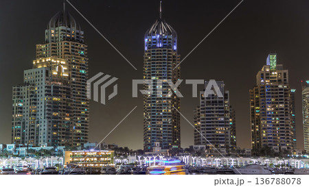Promenade and canal in Dubai Marina timelapse at night, UAE. 136788078