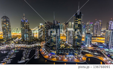 Aerial top view at night timelapse of Dubai Marina in Dubai, UAE Aerial top view at night timelapse of Dubai Marina in Dubai, UAE 136788091