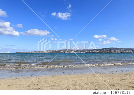 Eastern Tangier Coastline. The view looking east from the Municipal Beach of Tangier, Morocco. Eastern Tangier Coastline. The view looking east from the Municipal Beach of Tangier, Morocco. 136788112