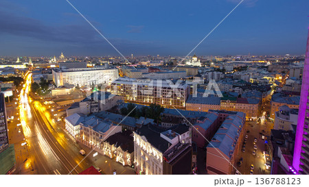 Panoramic view of the building from the roof of center Moscow day to night timelapse, Russia 136788123
