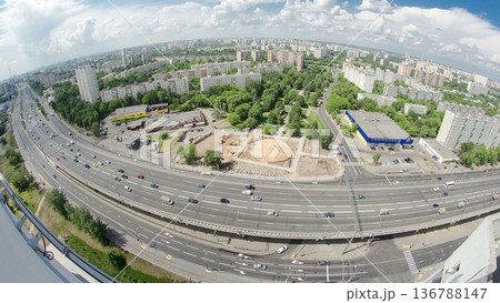 Traffic on the elevated avenue road aerial timelapse overpass on highway in a big city 136788147