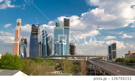 Modern Skyscrapers International Business Center City at cloudy day timelapse hyperlapse, Moscow, Russia Modern Skyscrapers International Business Center City at cloudy day timelapse hyperlapse, Moscow, Russia 136788152