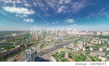 Panoramic aerial view of the buildings from the rooftop of Moscow International Business Center skyscraper timelapse, Russia Panoramic aerial view of the buildings from the rooftop of Moscow International Business Center skyscraper timelapse, Russia 136788153