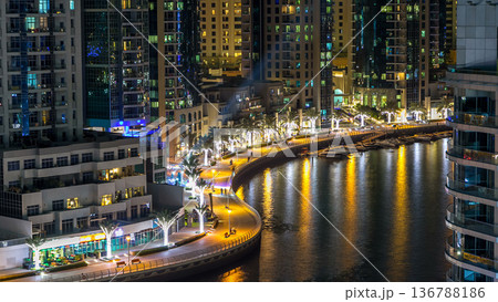 Promenade in Dubai Marina timelapse at night, UAE. Top view 136788186