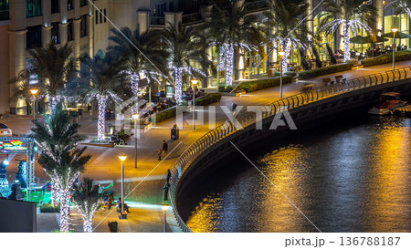 Promenade in Dubai Marina timelapse at night, UAE. Top view Promenade in Dubai Marina timelapse at night, UAE. Top view 136788187