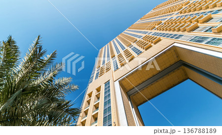 Luxurious Residence and Business Buildings with arch timelapse in Dubai Marina, UAE 136788189