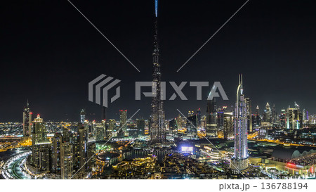Dubai Downtown at night timelapse view from the top in Dubai, United Arab Emirates Dubai Downtown at night timelapse view from the top in Dubai, United Arab Emirates 136788194
