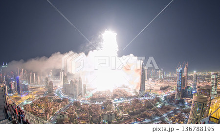 Dubai Burj Khalifa New Year fireworks celebration timelapse and the Fire accident at Dubai, UAE. 136788195