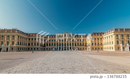 Beautiful view of famous Schonbrunn Palace timelapse hyperlapse with Great Parterre garden in Vienna, Austria 136788235