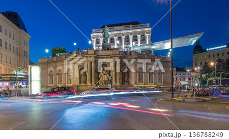 Night view of equestrian statue of Archduke Albert in front of the Albertina Museum day to night timelapse in Vienna, Austria 136788249