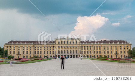 Beautiful view of famous Schonbrunn Palace timelapse hyperlapse with Great Parterre garden in Vienna, Austria 136788268