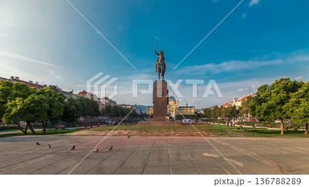 Monument of the Croatian King Tomislav timelapse hyperlapse and art pavilion in colorful park, in Zagreb, capital of Croatia 136788289