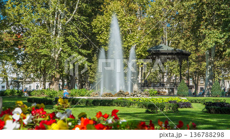 Fountains in Zrinjevac timelapse, one of the oldest parks in city. Zagreb, Croatia 136788298