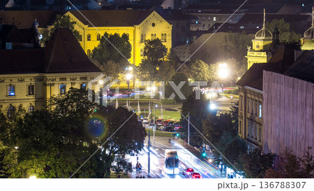 City center night timelapse with a intersection in front of national theater and museum in Zagreb, Croatia. City center night timelapse with a intersection in front of national theater and museum in Zagreb, Croatia. 136788307