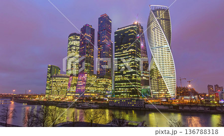 Skyscrapers International Business Center City day to night timelapse , Moscow, Russia 136788318