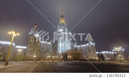 The Main Building Of Moscow State University On Sparrow Hills At Winter timelapse hyperlapse at Night 136788322