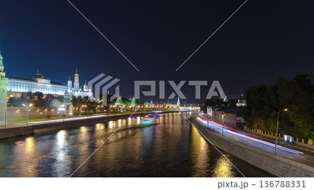 View from the bridge on Moscow Kremlin and the waterfront of the Moscow river timelapse hyperlapse 136788331