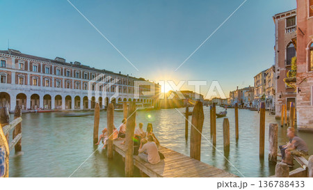 View of the deserted Rialto Market at sunset timelapse, Venice, Italy viewed from pier across the Grand Canal 136788433