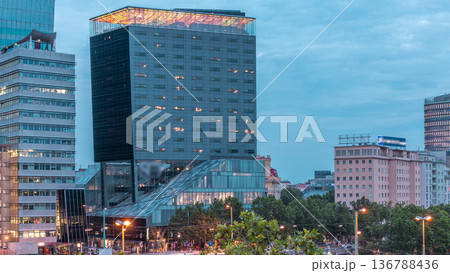 The Schwedenplatz is a square in central Vienna, located at the Danube Canal aerial day to night timelapse 136788436