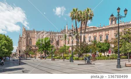 General Archive of the Indies timelapse with tram passing, Seville, Spain 136788499